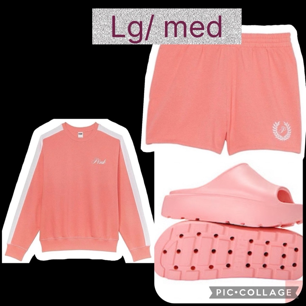PINK by Victoria’s Secret campus pullover CLASSIC SHORT SLIDES CORAL CREST LOGO